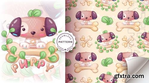 Vector seamless pattern cartoon character cute dog wiyh bone