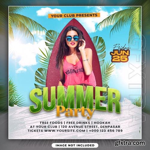 Summer psd beach party with girl flyer template