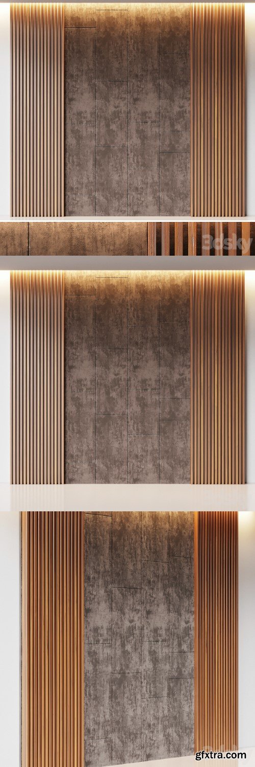 Decorative wall panel made of oak battens and beige velveteen