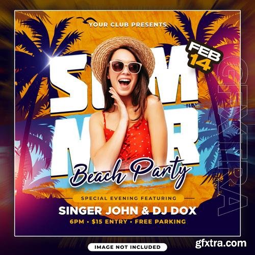 Psd summer beach party with girl flyer template