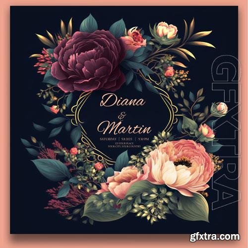 Psd dark floral wedding invitation with watercolor flowers royal themed wedding invitation