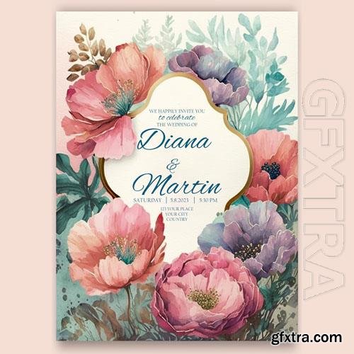 Beautiful psd wedding invitation for a wedding with watercolor flowers