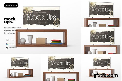 LED TV Dark Wood Set Mockup