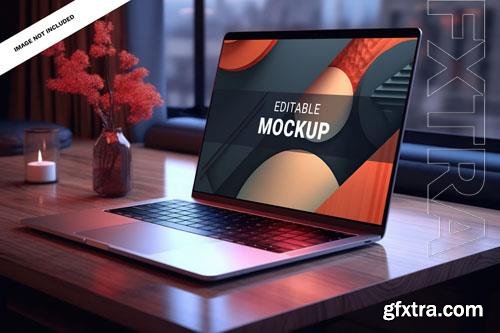 PSD a beautiful and elegant laptop mockup macbook on a office desk editable