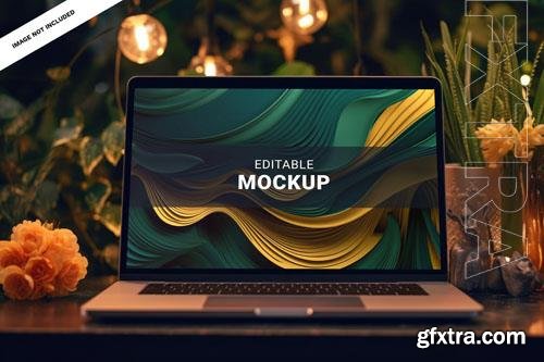 PSD a beautiful and elegant laptop mockup macbook with flowers and leaves desk editable