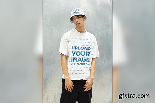 T-Shirt and Bucket Hat Mockup Featuring a Man