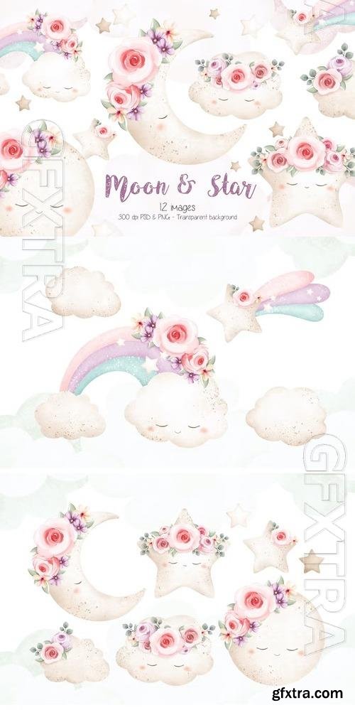 Vintage Moon Star and Cloud Clipart Design 