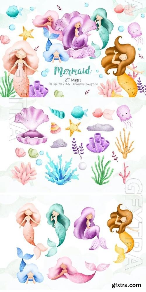 Mermaid and Sea Creature Clipart Design 