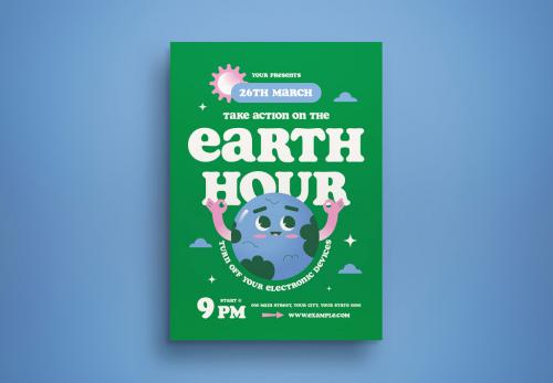 Green Cute Cartoon Earth Hour Flyer Layout 566153358