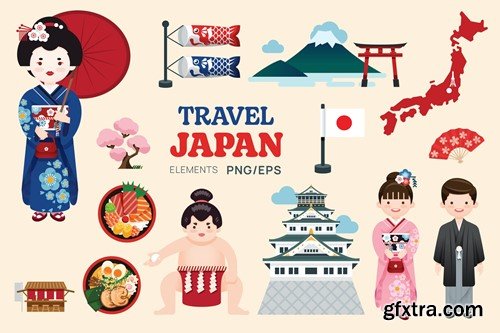 Travel Japan elements map and landmarks symbols