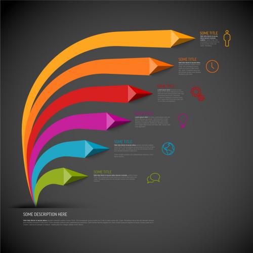 Simple dark infographic with title and six smaller element option items with big thick arrows 594250395