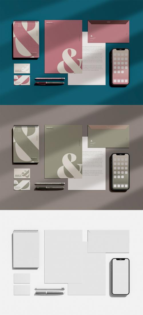 Stationery Set with Smartphone Mockup 592352930