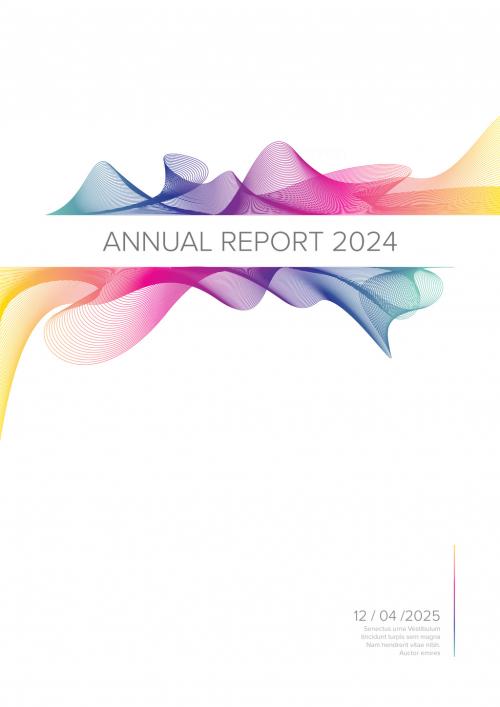 White annual report front cover page template with rainbow curved elements with title 594250339