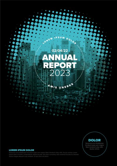 Black annual report front cover page template with photo in halftone effect circle frame 588325845