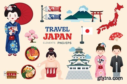 Travel Japan elements map and landmarks symbols 2L5TTD9