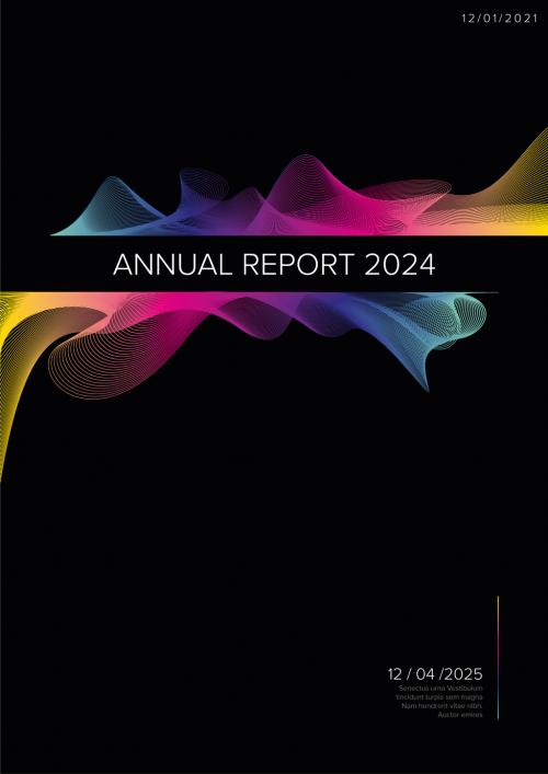 Black annual report front cover page template with rainbow curved elements with title 596659518