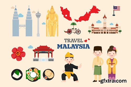 Travel Malaysia elements map and landmarks symbols 4HWJDJB