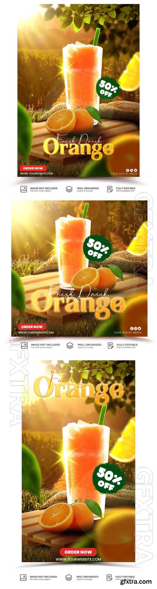 PSD flyer promoting fresh orange juice is displayed on the drink menu template