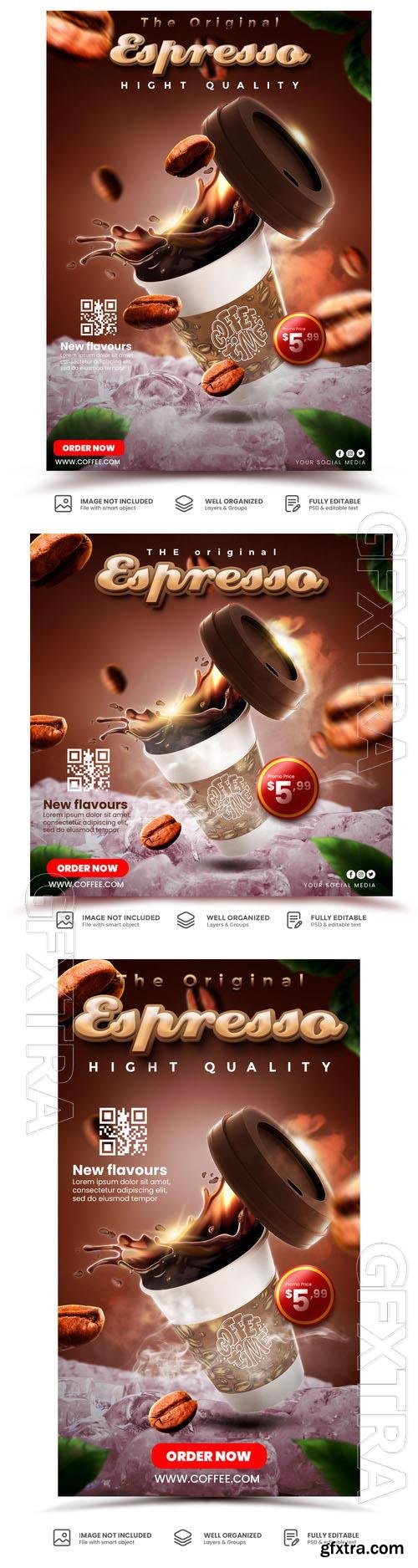 PSD espresso coffee break time social media flyer template