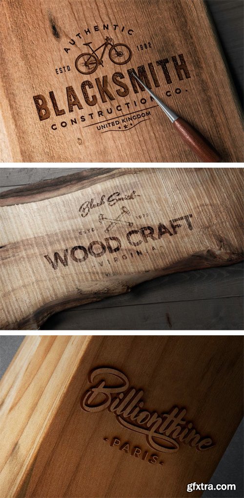 Photorealistic Wood Craft Logo PSD Mockups