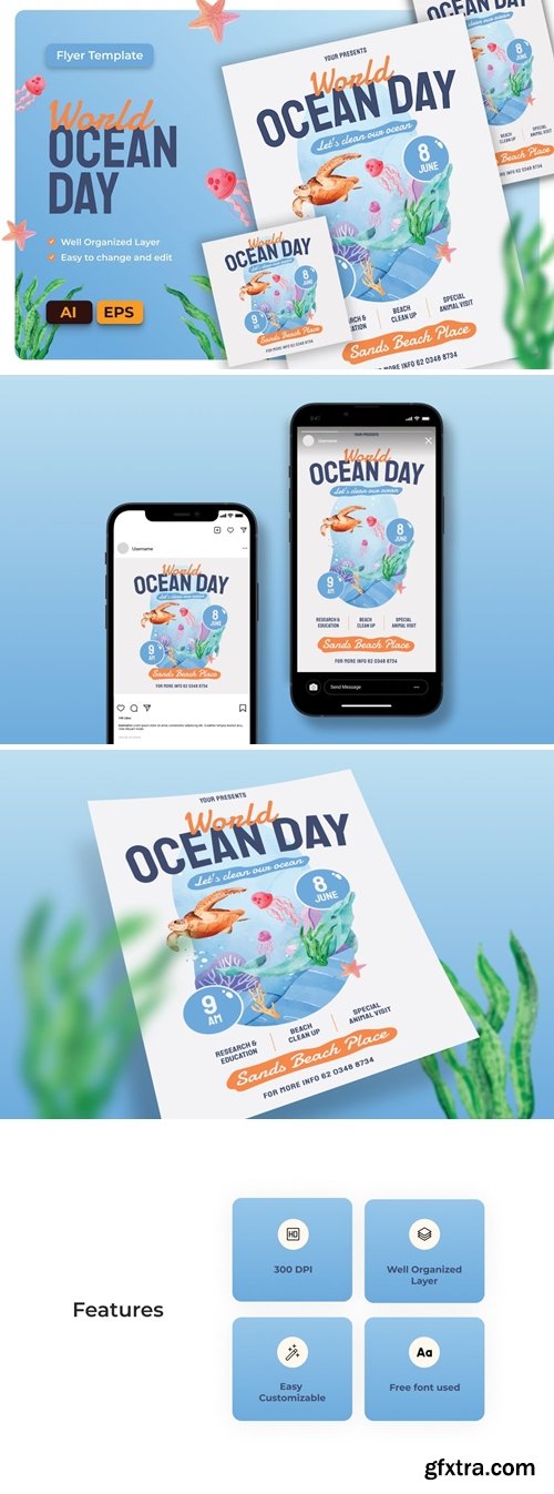 World Ocean Day Flyer AI &amp; EPS Template XK87TKJ