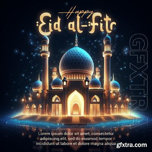 Psd 3d render happy eid alfitr social media post with mosque