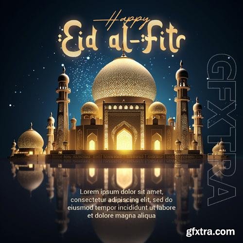 Psd 3d render happy eid alfitr social media post with mosque in the background