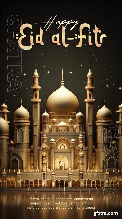 Psd 3d render happy eid alfitr poster with mosque background