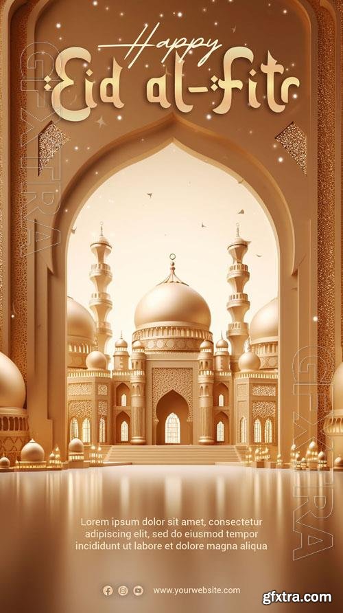 Happy eid alfitr psd poster with mosque background 3d render