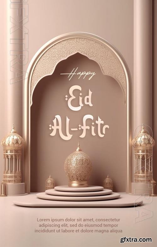 Happy eid alfitr psd poster with islamic background 3d render