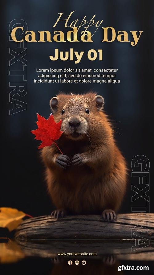 Canada beaver with  red maple leaf celebrating canada day psd