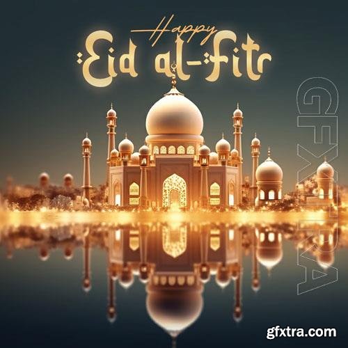 3d render happy eid alfitr social media psd post with mosque in the background