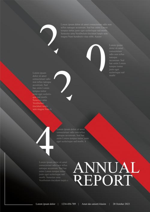 Dark annual report front cover page template with stripes and hidden year 591789416