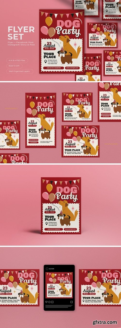 Red Cartoon Dog Party Flyer Set WKVT9FE