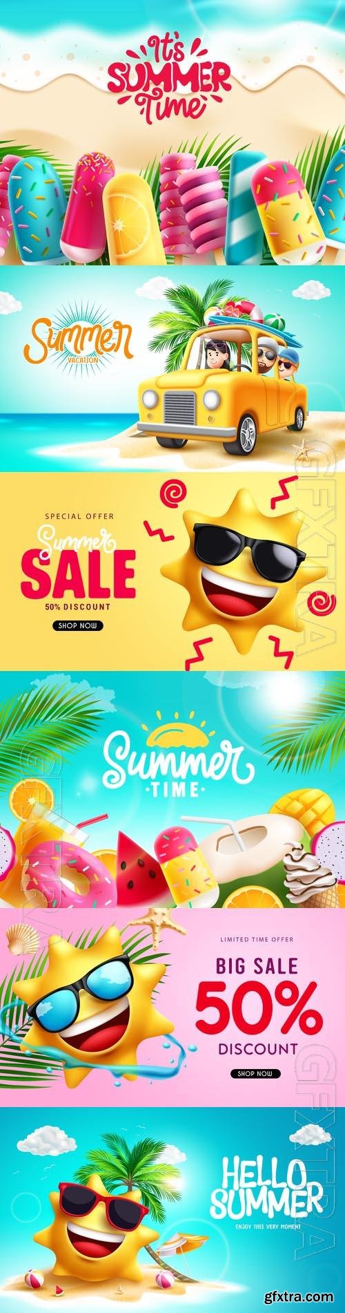 Summer time vector design background, summer text in empty space with tropical season food