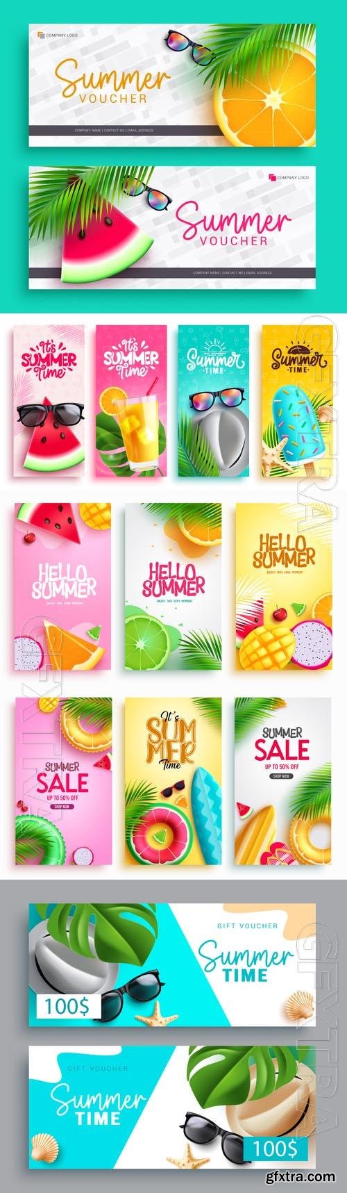 Summer poster vector set, summer sale offer discount