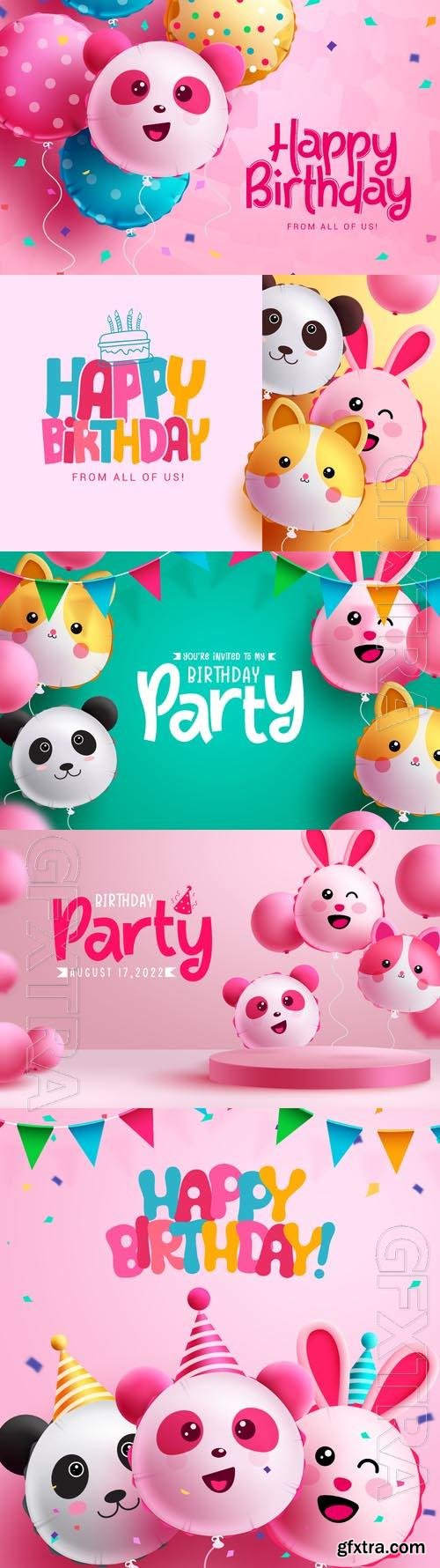 Happy birthday greeting vector design, birthday character panda balloon elements for kids party