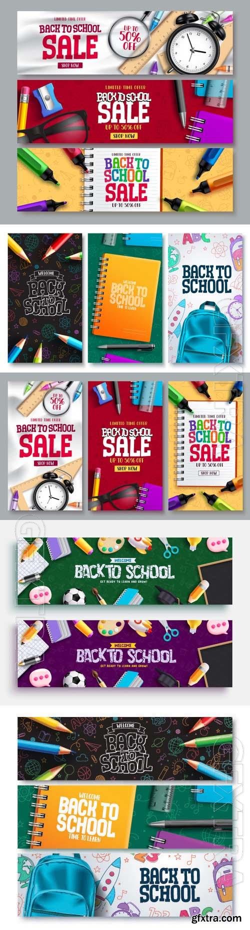 Back to school vector banner set design, back to school greeting text with kids educational