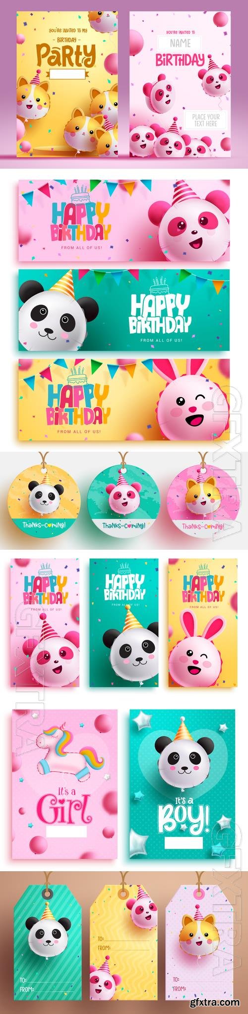 Happy birthday vector banner set,  birthday greeting card with inflatable character