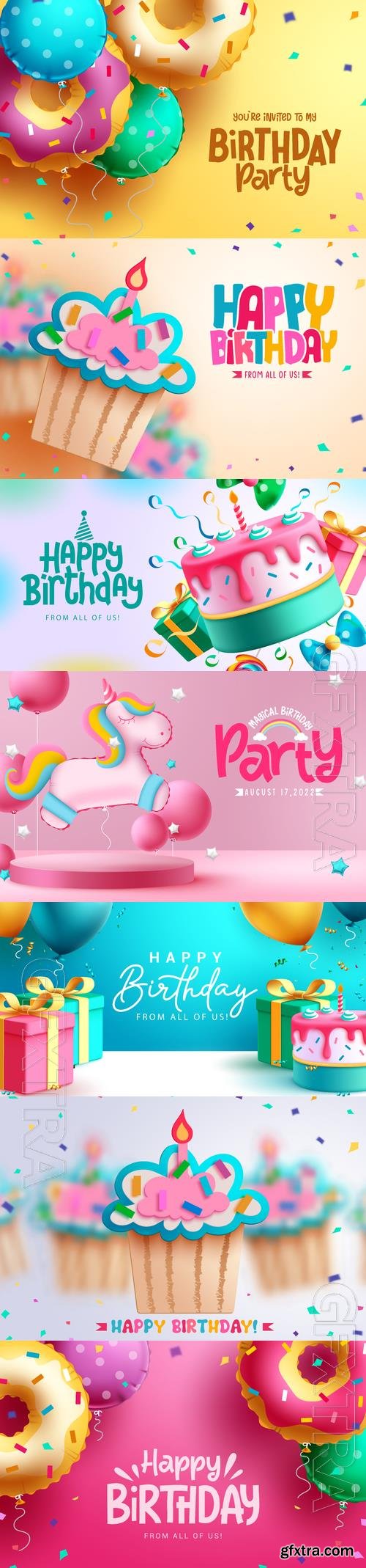 Birthday vector design, happy birthday cut cupcake elements