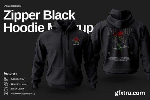 Zipper Black Hoodie Mockup T9BDHHQ