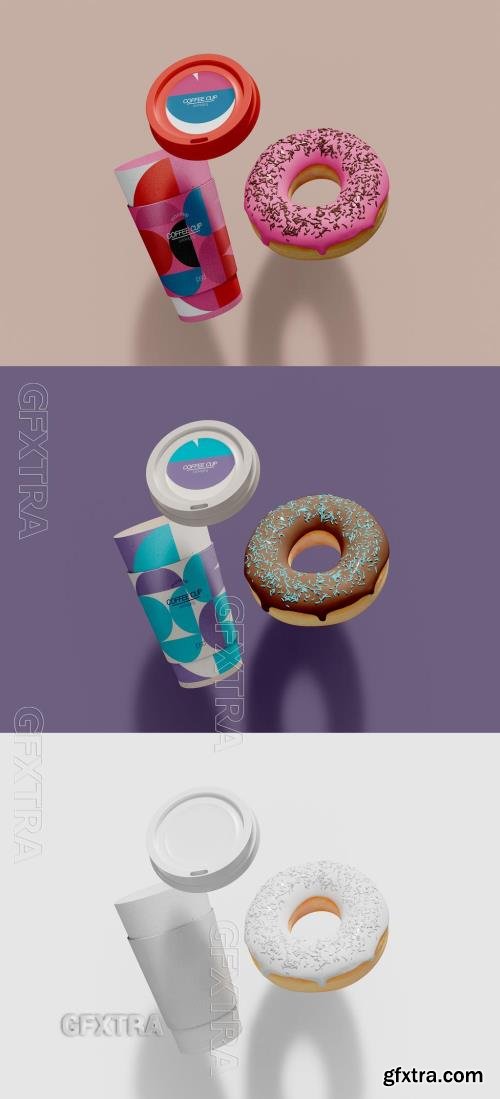 Flying Paper Coffee Cup and Donut Mockup 607867579