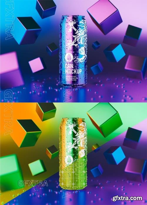 Scene with Metallic Can and Abstract Cubes Mockup 607776204