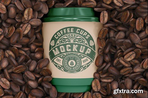 Scene with Paper Cups and Coffee Beans Mockup E2K7LNQ