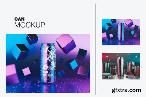 Scene with Metallic Can and Abstract Cubes Mockup B6CDVUT
