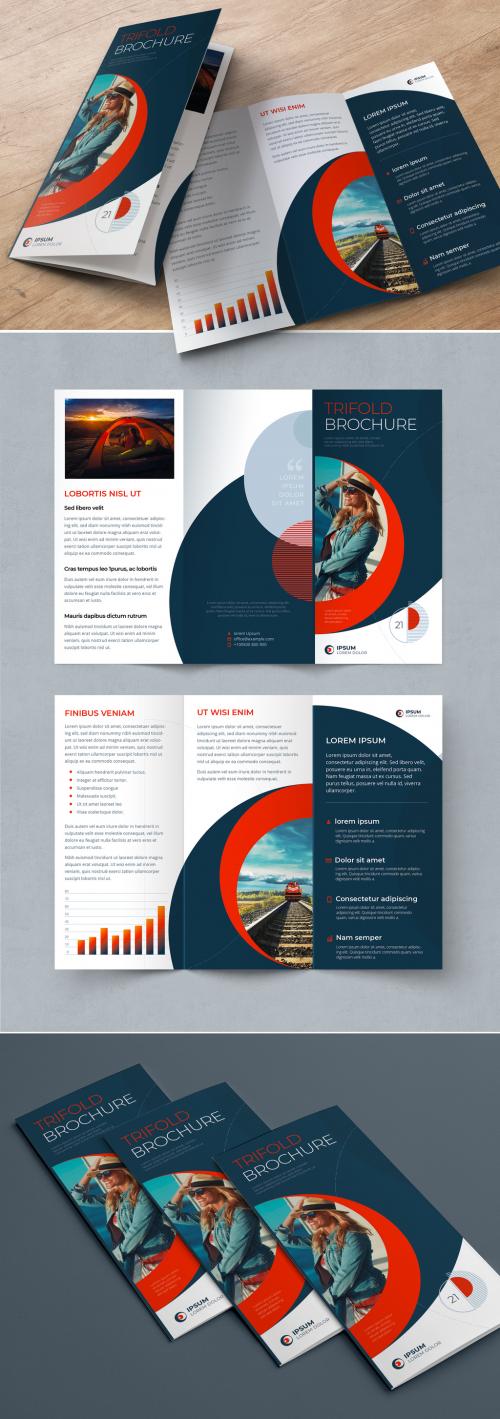 Business Trifold Brochure Layout with Red Circle Elements 409082322