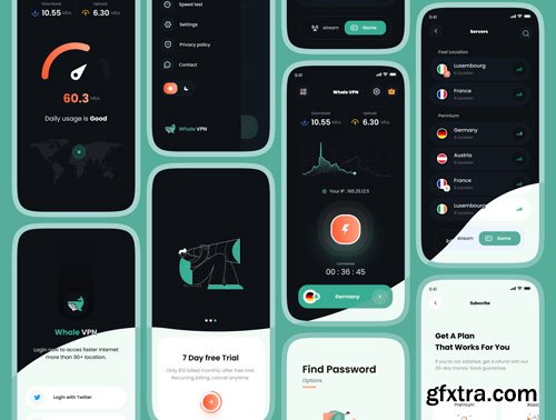 Whale VPN - VPN Mobile App UI KIT  Dark Mode  Ui8.net