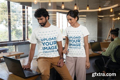 Round-Neck Tee Mockup of a Man and a Woman Working 4B5VVVN