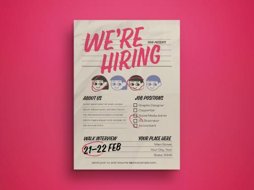 Cream Retro Illustration We're Hiring Flyer Layout 571159283