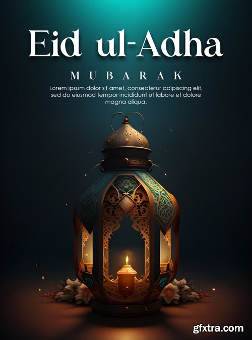 Psd eid al adha mubarak with cow, lantern, mosque and food template